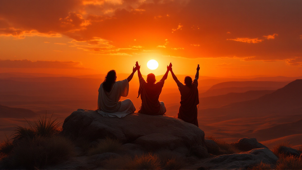 Moses' hands held up by Aaron and Hur until the going down of the sun