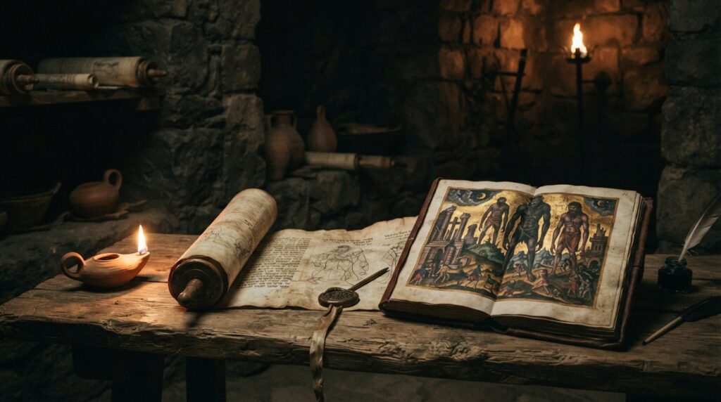 An ancient scroll beside an illustration of giants, lit by an oil lamp